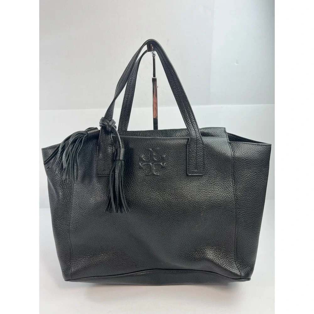Tory Burch Thea Slouchy Handbag Satchel Black Pebbled Leather Zip Closure